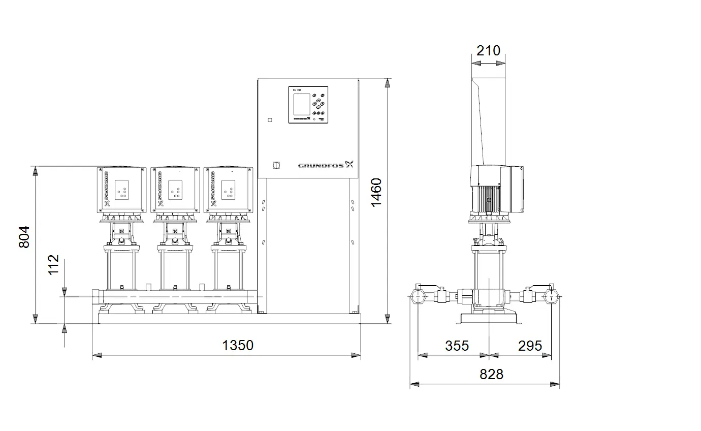 Druckerhöhungsanlage mit mehreren Pumpen in ansprechender Bauweise von Grundfos, ausgestattet mit einem Steuerungsdisplay und verschiedenen Rohranschlüssen.